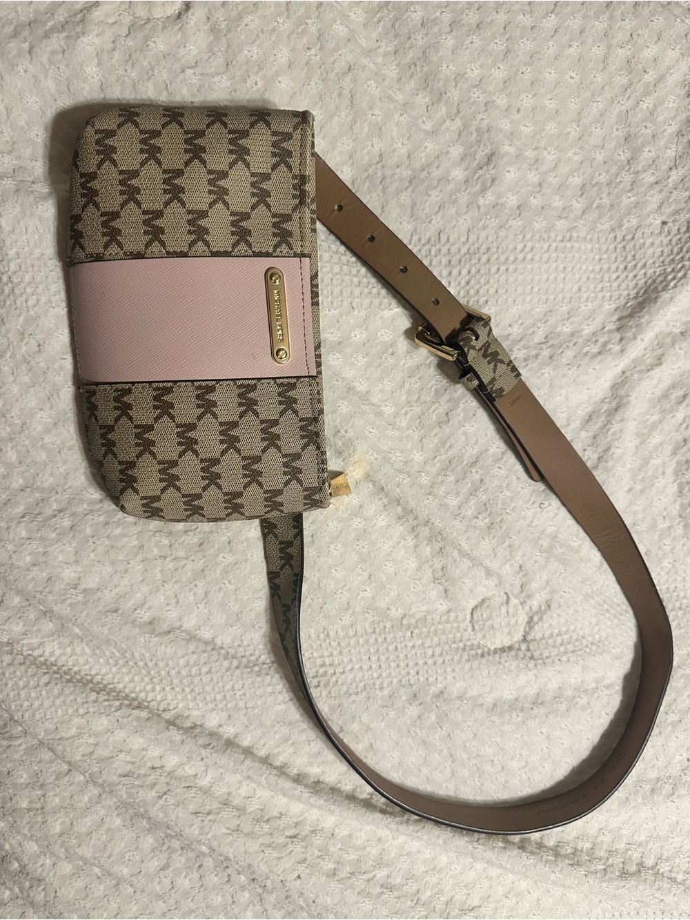 Michael Kors Beige Monogram Crossbody with Pink Accent